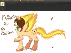 Size: 903x676 | Tagged: safe, artist:ask-pony-gerita, derpibooru import, ponified, moltres, pegasus, pony, ask, female, hetalia, italy, mane of fire, mare, pokémon, raised hoof