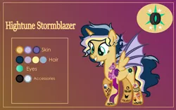 Size: 3999x2507 | Tagged: safe, artist:n0kkun, derpibooru import, oc, oc:hightune stormblazer, unofficial characters only, alicorn, bat pony, bat pony alicorn, pony, icey-verse, alicorn oc, bat pony oc, bat wings, commission, ear piercing, earring, female, gradient background, grin, horn, jewelry, lip piercing, mare, multicolored hair, nose piercing, offspring, parent:oc:elizabat stormfeather, parent:oc:trail blazer (ice1517), parents:oc x oc, piercing, raised hoof, reference sheet, smiling, solo, tattoo, wings