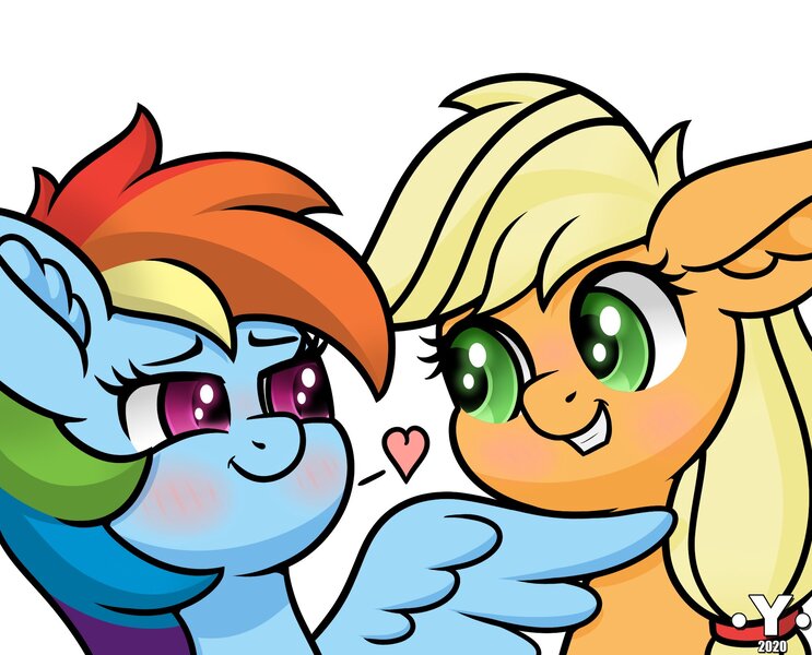 Size: 1980x1600 | Tagged: safe, artist:yelowcrom, derpibooru import, applejack, rainbow dash, earth pony, pegasus, pony, appledash, cute, dashabetes, ear fluff, female, heart, jackabetes, lesbian, mare, shipping