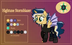 Size: 3999x2507 | Tagged: safe, alternate version, artist:n0kkun, derpibooru import, oc, oc:hightune stormblazer, unofficial characters only, alicorn, bat pony, bat pony alicorn, pony, icey-verse, alicorn oc, bat pony oc, bat wings, boots, choker, clothes, commission, ear piercing, earring, female, fingerless gloves, gloves, gradient background, grin, horn, jacket, jeans, jewelry, leather jacket, lip piercing, mare, multicolored hair, nose piercing, offspring, pants, parent:oc:elizabat stormfeather, parent:oc:trail blazer (ice1517), parents:oc x oc, piercing, raised hoof, reference sheet, shoes, smiling, solo, tattoo, torn clothes, wings