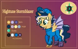 Size: 3999x2507 | Tagged: safe, alternate version, artist:n0kkun, derpibooru import, oc, oc:hightune stormblazer, unofficial characters only, alicorn, bat pony, bat pony alicorn, pony, icey-verse, alicorn oc, bat pony oc, bat wings, clothes, commission, ear piercing, earring, female, gradient background, grin, hat, horn, jewelry, jumpsuit, lip piercing, mare, mechanic, multicolored hair, nose piercing, offspring, oil, parent:oc:elizabat stormfeather, parent:oc:trail blazer (ice1517), parents:oc x oc, piercing, raised hoof, reference sheet, smiling, solo, tattoo, wings