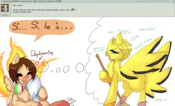 Size: 1158x702 | Tagged: safe, artist:ask-pony-gerita, derpibooru import, ponified, moltres, pony, zapdos, ask, broom, daydream, eyes closed, hetalia, housewife, italy, male, pokémon, smiling