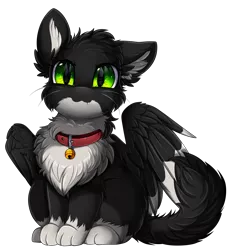 Size: 3069x3365 | Tagged: artist:pridark, cat, cat pony, chest fluff, collar, commission, derpibooru import, green eyes, neko pony, oc, original species, safe, simple background, sitting, solo, transparent background, unofficial characters only, wings