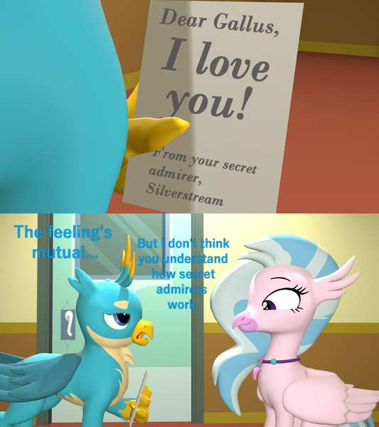 Size: 1920x2160 | Tagged: safe, artist:red4567, derpibooru import, gallus, silverstream, 3d, atg 2020, female, gallstream, gallus is not amused, hardly visible text, letter, male, newbie artist training grounds, secret admirer, secret admirer fail, shipping, source filmmaker, straight, subtle as a train wreck, unamused