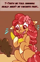 Size: 378x585 | Tagged: safe, artist:esmeia, derpibooru import, oc, oc:cinnamon crisp, earth pony, pony, banana, colored hooves, earth pony oc, female, food, freckles, hoof hold, mare, offscreen character, open mouth, smiling, sweat