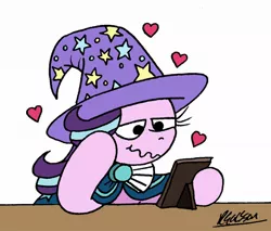 Size: 1024x872 | Tagged: safe, artist:bobthedalek, derpibooru import, starlight glimmer, pony, unicorn, accessory theft, clothes, female, floating heart, hat, heart, implied bisexual, implied lesbian, implied shipping, implied starburst, implied startrix, implied startrixburst, implied straight, lidded eyes, mare, newbie artist training grounds, picture frame, robe, smiling, starlight wearing sunburst's robe, starlight wearing trixie's hat, sunburst's robe, trixie's hat, wavy mouth