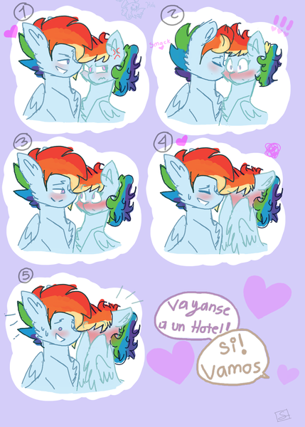 Size: 1000x1400 | Tagged: safe, artist:shinningblossom12, derpibooru import, rainbow dash, pegasus, pony, blushing, bust, comic, cross-popping veins, dashblitz, embarrassed, eyes closed, female, heart, kissing, male, mare, rainbow blitz, rule 63, self ponidox, selfcest, shipping, spanish, stallion, straight