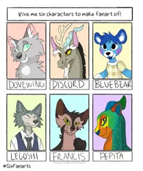 Size: 977x1166 | Tagged: safe, artist:aeluromancyarts, derpibooru import, discord, anthro, bear, cat, draconequus, wolf, six fanarts, animal crossing, blushing, bust, clothes, coco (disney movie), crossover, felidae, francis, legosi (beastars), male, necktie, smiling, warrior cats