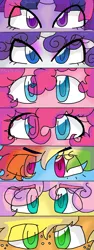 Size: 600x1601 | Tagged: safe, artist:shinningblossom12, derpibooru import, oc, oc:bubble pie, oc:caramel apple, oc:flutterscotch, oc:pinkie berry, oc:rainbow ditz, oc:timber shine, oc:zoe, unofficial characters only, earth pony, pony, earth pony oc, eye clipping through hair, freckles, next generation, parent:applejack, parent:fluttershy, parent:pinkie pie, parent:rainbow dash, parent:rarity, parent:twilight sparkle