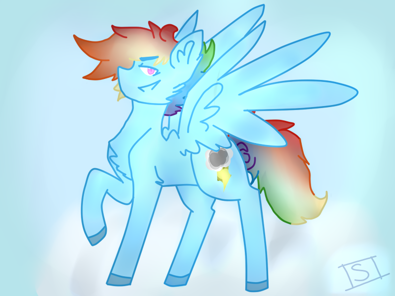 Size: 800x600 | Tagged: safe, artist:shinningblossom12, derpibooru import, oc, oc:rainbow ditz, pegasus, pony, chest fluff, colored hooves, ear fluff, male, next generation, not rainbow dash, parent:rainbow dash, pegasus oc, raised hoof, smiling, smirk, sollo, stallion, wings