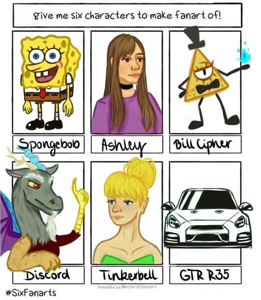 Size: 720x826 | Tagged: safe, artist:_andyofficial_, derpibooru import, discord, oc, draconequus, fairy, human, six fanarts, ashley campbell, bill cipher, bowtie, bust, car, choker, clothes, crossover, disney, disney fairies, draconequus oc, female, gravity falls, hat, image, jpeg, male, necktie, nissan gt-r, peter pan, pyromancy, sally face, shoes, smiling, spongebob squarepants, spongebob squarepants (character), tinkerbell, top hat