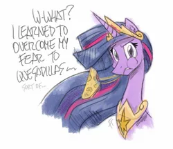 Size: 1855x1606 | Tagged: safe, artist:flutterthrash, derpibooru import, princess twilight 2.0, twilight sparkle, twilight sparkle (alicorn), alicorn, pony, the last problem, bust, confused, crown, dialogue, eating, female, food, jewelry, looking at you, mare, newbie artist training grounds, peytral, portrait, quesadilla, regalia, solo, stuttering, they're just so cheesy