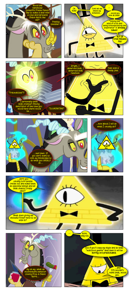 Size: 868x1959 | Tagged: artist:dziadek1990, bad joke, bad pun, bill cipher, comic, conversation, crossover, derpibooru import, dialogue, discord, edit, edited screencap, gravity falls, lightbulb, magic, pun, safe, screencap, screencap comic, text, visual pun