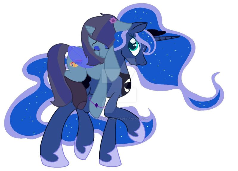 Size: 1600x1151 | Tagged: safe, artist:princesslunayay, derpibooru import, princess luna, oc, oc:savannah london, alicorn, pony, unicorn, artificial wings, augmented, base used, bisexual pride flag, bracelet, canon x oc, clothes, crown, cute, deviantart, deviantart watermark, female, flower, flower in hair, hoof shoes, implied lesbian, jewelry, lesbian, magic, magic wings, necklace, obtrusive watermark, paint palette, ponies riding ponies, pride, pride flag, regalia, riding, shoes, simple background, sleeping, sparkly mane, watermark, white background, wings