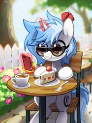 Size: 560x748 | Tagged: safe, artist:dawnfire, derpibooru import, oc, oc:clairvoyance, unofficial characters only, pony, unicorn, cake, coffee, fence, food, fork, phone, solo, sunglasses, table