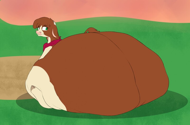 Size: 1280x842 | Tagged: arizona cow, artist:astr0zone, bandana, bottom heavy, butt, cloven hooves, community related, cow, derpibooru import, fat, female, floppy ears, huge butt, impossibly large butt, inflation, large butt, looking back, neckerchief, obese, questionable, rear view, rolls of fat, sitting, solo, solo female, the ass was fat, them's fightin' herds, thighs, thunder thighs, wavy mouth