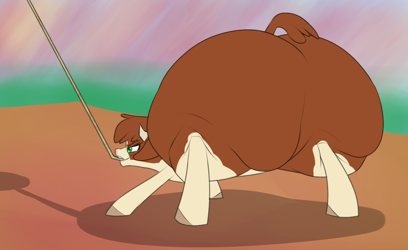 Size: 1132x693 | Tagged: arizona cow, artist:astr0zone, bottom heavy, butt, community related, cow, derpibooru import, extra thicc, fat, female, huge butt, impossibly large butt, inflation, large butt, lasso, mouth hold, obese, questionable, rear view, rolls of fat, rope, smiling, solo, solo female, standing, the ass was fat, them's fightin' herds, thighs, thunder thighs