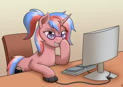 Size: 3508x2480 | Tagged: safe, artist:mkogwheel, derpibooru import, oc, oc:bree, pony, unicorn, browsing, commission, computer, computer mouse, glasses, hooves on cheeks, keyboard, smiling, smirk