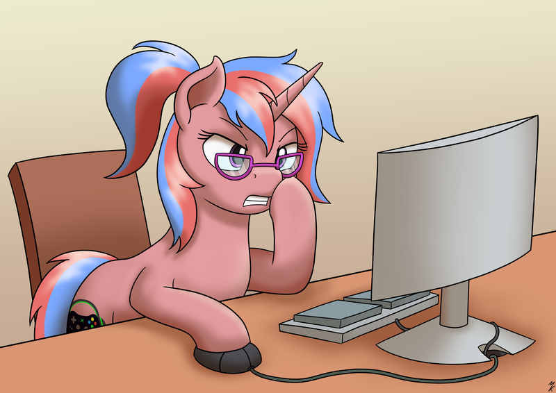 Size: 3508x2480 | Tagged: safe, artist:mkogwheel, derpibooru import, oc, oc:bree, pony, unicorn, angry, browsing, commission, computer, computer mouse, glasses, hooves on cheeks, keyboard