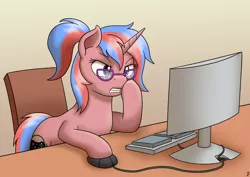 Size: 3508x2480 | Tagged: safe, artist:mkogwheel, derpibooru import, oc, oc:bree, pony, unicorn, angry, browsing, commission, computer, computer mouse, glasses, hooves on cheeks, keyboard