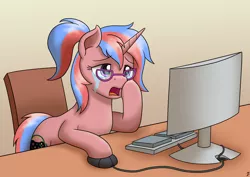 Size: 3508x2480 | Tagged: safe, artist:mkogwheel, derpibooru import, oc, oc:bree, pony, unicorn, browsing, commission, computer, computer mouse, crying, glasses, hooves on cheeks, keyboard