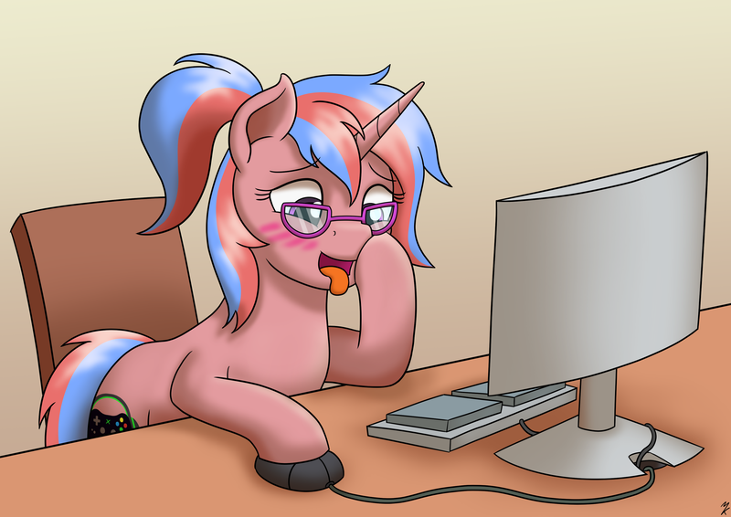 Size: 3508x2480 | Tagged: suggestive, artist:mkogwheel, derpibooru import, oc, oc:bree, pony, unicorn, ahegao, blushing, browsing, commission, computer, computer mouse, glasses, hooves on cheeks, keyboard, open mouth, tongue out