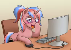 Size: 3508x2480 | Tagged: suggestive, artist:mkogwheel, derpibooru import, oc, oc:bree, pony, unicorn, ahegao, blushing, browsing, commission, computer, computer mouse, glasses, hooves on cheeks, keyboard, open mouth, tongue out