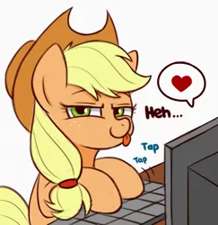 Size: 1299x1334 | Tagged: safe, artist:handgunboi, derpibooru import, applejack, earth pony, pony, :p, atg 2020, computer, cowboy hat, female, hat, heart, keyboard, looking at you, mare, newbie artist training grounds, pictogram, solo, speech bubble, table, tongue out