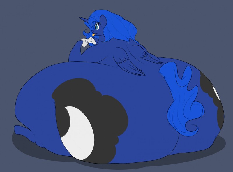 Size: 1280x944 | Tagged: questionable, artist:astr0zone, derpibooru import, princess luna, alicorn, pony, gamer luna, bingo wings, both cutie marks, bottom heavy, butt, controller, fat, female, gray background, huge butt, hyper, hyper fat, impossibly large butt, impossibly large thighs, impossibly wide hips, large butt, mare, moonbutt, obese, princess moonpig, rear view, simple background, sitting, solo, solo female, the ass was fat, thighs, thunder thighs, tongue out, wide hips