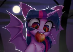 Size: 1656x1188 | Tagged: safe, artist:vensual99, derpibooru import, twilight sparkle, twilight sparkle (alicorn), alicorn, bat pony, bat pony alicorn, pony, alternate eye color, apple, bat ears, bat ponified, bat wings, biting, cute, fangs, female, food, full moon, horn, looking down, mare, moon, night, race swap, red eyes, slit eyes, solo, spread wings, twiabetes, twibat, wings