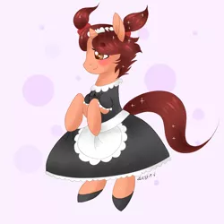 Size: 1000x1000 | Tagged: safe, artist:kestier, derpibooru import, oc, oc:flora elymas, unicorn, blushing, bow, clothes, commission, crossdressing, cute, hair bow, horn, maid, maid headdress, pigtails, shoes, twintails, unicorn oc, ych result