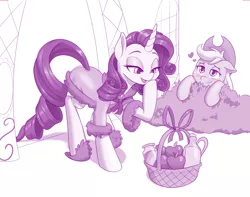 Size: 1280x1007 | Tagged: safe, artist:dstears, derpibooru import, applejack, rarity, earth pony, pony, unicorn, apple, basket, blushing, bottle, bush, carousel boutique, clothes, cute, dressing gown, female, food, heart, jam, jar, lesbian, mare, monochrome, newbie artist training grounds, open mouth, raribetes, rarijack, robe, shipping, zap apple, zap apple jam