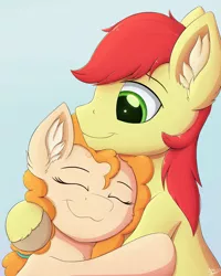 Size: 1589x1985 | Tagged: safe, artist:arcane-thunder, derpibooru import, bright mac, pear butter, earth pony, pony, atg 2020, brightabetes, brightbutter, cheek fluff, chest fluff, cute, ear fluff, eyes closed, female, gradient background, hug, male, mare, newbie artist training grounds, pearabetes, shipping, simple background, smiling, stallion, straight