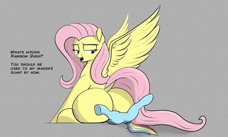 Size: 1356x819 | Tagged: questionable, artist:cosmonaut, derpibooru import, fluttershy, rainbow dash, amazon, butt, dashsub, dock, faceful of ass, facesitting, female, femdom, femsub, flutterdash, flutterdom, lesbian, macro, shipping, size difference, submissive, teasing