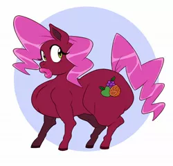 Size: 2000x1916 | Tagged: suggestive, artist:lamarkey, derpibooru import, oc, oc:tootie frootie, unofficial characters only, earth pony, pony, apple, big lips, bimbo, bimbo pony, cutie mark, dick sucking lips, female, food, grapes, lips, lipstick, makeup, orange, pink lipstick, puffed chest, solo, solo female, standing, tail, thighs, thunder thighs