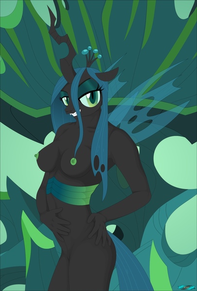 Size: 1054x1558 | Tagged: anthro, artist:fab3716, breasts, changeling, changeling queen, derpibooru import, female, my little pony, nipples, nudity, pinup, queen chrysalis, questionable, solo