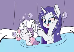 Size: 842x595 | Tagged: safe, artist:shelltoon, derpibooru import, rarity, sweetie belle, pony, unicorn, bath, bathing, bubble, cute, diasweetes, duo, eyes closed, female, filly, mare, open mouth, shampoo, siblings, sisterly love, sisters, suds, washing, washing hair, water, wet, wet mane, wet mane rarity