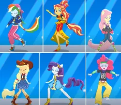 Size: 1001x867 | Tagged: safe, derpibooru import, applejack, fluttershy, pinkie pie, rainbow dash, rarity, sunset shimmer, dance magic, equestria girls, spoiler:eqg specials, clothes, converse, cowgirl style, dance magic (song), dancer, humane five, mc pinkie, ponied up, rapper dash, rapper pie, shoes