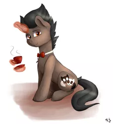 Size: 1092x1200 | Tagged: safe, artist:monsoonvisionz, derpibooru import, oc, oc:saffronic shadow, unofficial characters only, pony, unicorn, bowtie, cup, glowing horn, horn, magic, male, signature, sitting, solo, stallion, teacup, telekinesis, unicorn oc