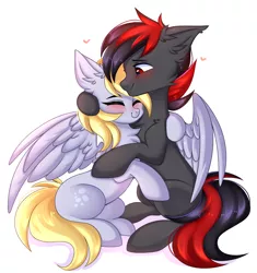 Size: 2816x3000 | Tagged: safe, artist:pesty_skillengton, derpibooru import, derpy hooves, oc, pegasus, pony, unicorn, blushing, cute, female, hug, male, mare, red and black mane, red and black oc, red eyes, stallion, wings