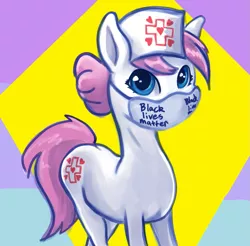 Size: 963x949 | Tagged: safe, artist:aponty, derpibooru import, nurse redheart, earth pony, pony, abstract background, black lives matter, female, hat, looking at you, mare, mouthpiece, nurse hat, politics, solo, surgical mask