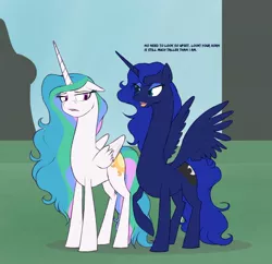 Size: 1280x1241 | Tagged: safe, artist:astr0zone, derpibooru import, princess celestia, princess luna, alicorn, pony, dialogue, duo, duo female, female, floppy ears, impossibly long neck, long neck, looking at each other, mare, necc, open mouth, princess luneck, princess necklestia, raised hoof, royal sisters, sibling rivalry, siblings, sisters, smiling, smug, stroll, upset, walking
