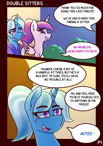 Size: 2160x3074 | Tagged: safe, artist:anon_1515, derpibooru import, part of a set, princess cadance, trixie, alicorn, unicorn, comic:double sitters, alternate hairstyle, babysitter trixie, babysitting, bag, bottomless, clothes, comic, dialogue, door, eyebrows, eyes closed, female, folded wings, hoodie, lidded eyes, mischevious, night, offscreen character, outdoors, part of a series, partial nudity, pigtails, saddle bag, smiling, speech bubble, stars, teen princess cadance, twintails, wings