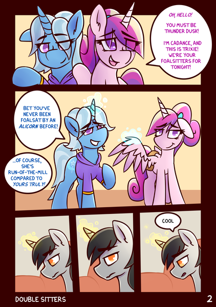 Size: 2160x3074 | Tagged: safe, artist:anon_1515, derpibooru import, part of a set, princess cadance, trixie, oc, oc:thunder dusk, alicorn, unicorn, comic:double sitters, alternate hairstyle, babysitter trixie, babysitting, bag, bored, bottomless, clothes, comic, dialogue, eyebrows, female, folded wings, hoodie, lidded eyes, magic, male, part of a series, partial nudity, pigtails, raised wings, saddle bag, smiling, speech bubble, teen princess cadance, telekinesis, twintails, uninterested, wings