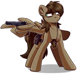 Size: 918x871 | Tagged: safe, artist:lrusu, derpibooru import, oc, oc:paper trail, unofficial characters only, pegasus, pony, badge, gun, handgun, holster, looking left, m1911, male, pistol, shading, simple background, stallion, transparent background, weapon, wing hands, wings