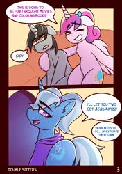 Size: 2160x3076 | Tagged: safe, artist:anon_1515, derpibooru import, part of a set, princess cadance, trixie, oc, oc:thunder dusk, alicorn, pony, unicorn, comic:double sitters, alternate hairstyle, arm around back, babysitter trixie, babysitting, bag, bored, bottomless, bow, chest fluff, clothes, comic, couch, dialogue, doorway, excited, eyebrows, eyes closed, featureless crotch, female, folded wings, hair tie, hoodie, hoof on shoulder, lidded eyes, magic, male, mare, part of a series, partial nudity, pigtails, saddle bag, sigh, sitting, smiling, speech bubble, strategically covered, teen princess cadance, telekinesis, twintails, uninterested, wings