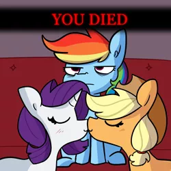 Size: 2250x2250 | Tagged: safe, artist:tjpones, derpibooru import, applejack, rainbow dash, rarity, earth pony, pegasus, pony, unicorn, applejack's hat, blushing, cowboy hat, dark souls, female, hat, kissing, lesbian, mare, oof, rainbow dash is not amused, rarijack, shipping, shipping denied, unamused, you died