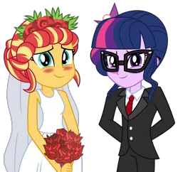 Size: 6600x6400 | Tagged: safe, artist:emeraldblast63, derpibooru import, sci-twi, sunset shimmer, twilight sparkle, equestria girls, clothes, dress, female, lesbian, marriage, scitwishimmer, shipping, simple background, suit, sunsetsparkle, transparent background, wedding, wedding dress