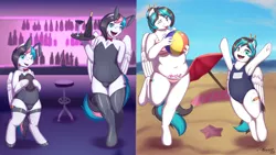 Size: 4444x2500 | Tagged: suggestive, artist:azzunyr, derpibooru import, oc, oc:canvy, oc:echy, unofficial characters only, anthro, pegasus, pony, unguligrade anthro, bar, beach, beach ball, belly button, bikini, bra, breasts, bunny ears, bunny suit, cameltoe, chubby, clothes, commission, crossdressing, crotch bulge, cutie mark, female, fishnets, hair bun, male, one eye closed, one-piece swimsuit, open mouth, plump, self ponidox, smiling, socks, sukumizu, swimsuit, thigh highs, thighs, underwear, wings, wink