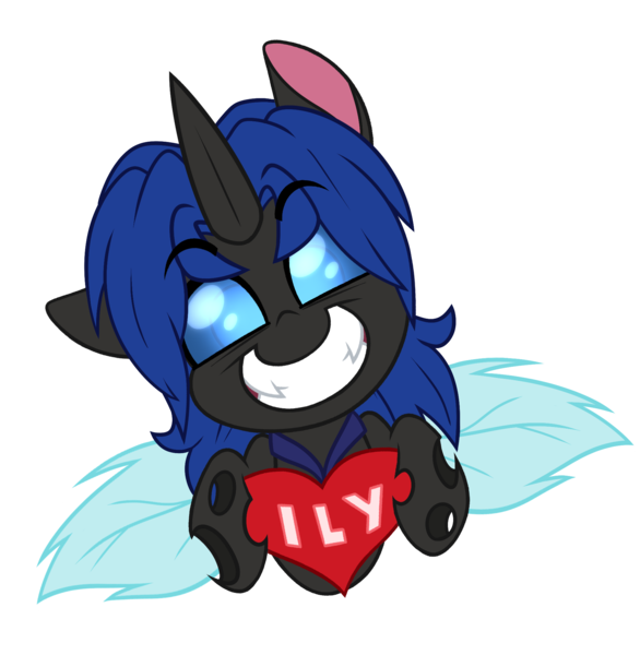 Size: 1902x1947 | Tagged: safe, artist:nekro-led, derpibooru import, oc, oc:swift dawn, unofficial characters only, changeling, pony, blue changeling, blue eyes, changeling oc, commission, eyebrows visible through hair, fangs, head tilt, heart, looking at you, simple background, smiling, transparent background, ych result